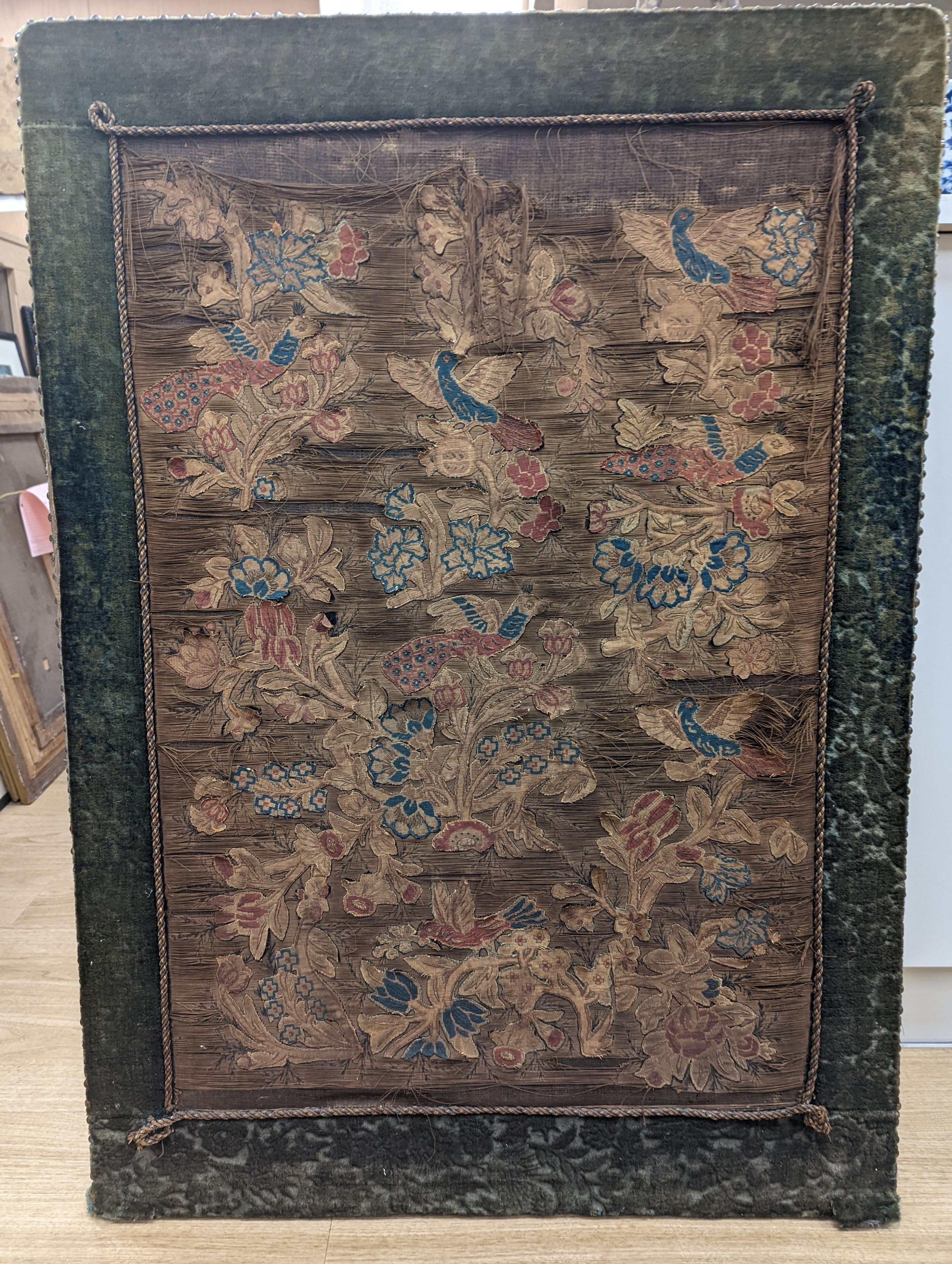 A Charles II applique work ‘tree of life’ picture, 102 x 72cm incl. cut velvet edge